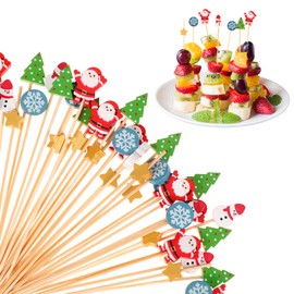 OOTSR 100 Christmas Cocktail Bamboo Sticks, 5in Christmas Tree Toothpicks for Fruit Food Appetizer Drink Decoration, Wooden Fancy Skewers for Christmas Birthday Party Supplies