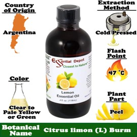Essential Depot Lemon Essential Oil - GC/MS Tested - Supplied in 4 oz. Amber Glass Bottle with Black Phenolic Cone Lined and Safety Sealed Cap