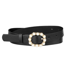 NiceYnn Womens Pearl Leather Belts for Jeans Pants with Gold Alloy Oval Pin Buckle - Ladies Retro Vintage PU Waist Belt Adjustable Waistband