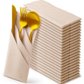Qilery 50 Pieces Paper Linen Napkins, Disposable Airlaid Paper Napkins Prefolded Dinner Napkins with Built in Flatware Pocket for Silverware Valentine Wedding Party Christmas Day (Beige)