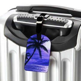 Nicokee Palm Trees and Sunset Purple-Beach Tropical Ocean Luggage Tag ID Leather Travel Bag Label Checked Baggage Tag - 1 pack