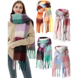 Shyyween 4 Pcs Large Chunky Plaid Scarf for Women Checked Scarf Shawl Blanket Warm Oversized Long Thick Gift(Macaron Color)