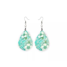 Twisted R Design Aqua Blue Floral Print Wood Dangle Teardrop Print Earrings Jewelry