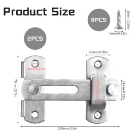 BEILUBANG Door Latch 2 Pcs Barn Door Latch With Screws Stainless Steel Bar Latch Latch Flip Slide Lock, Security Door Latch (Bolt Lock) For Exterior, Windows, Doors, Closet Doors, Sheds (Silver, 180°)