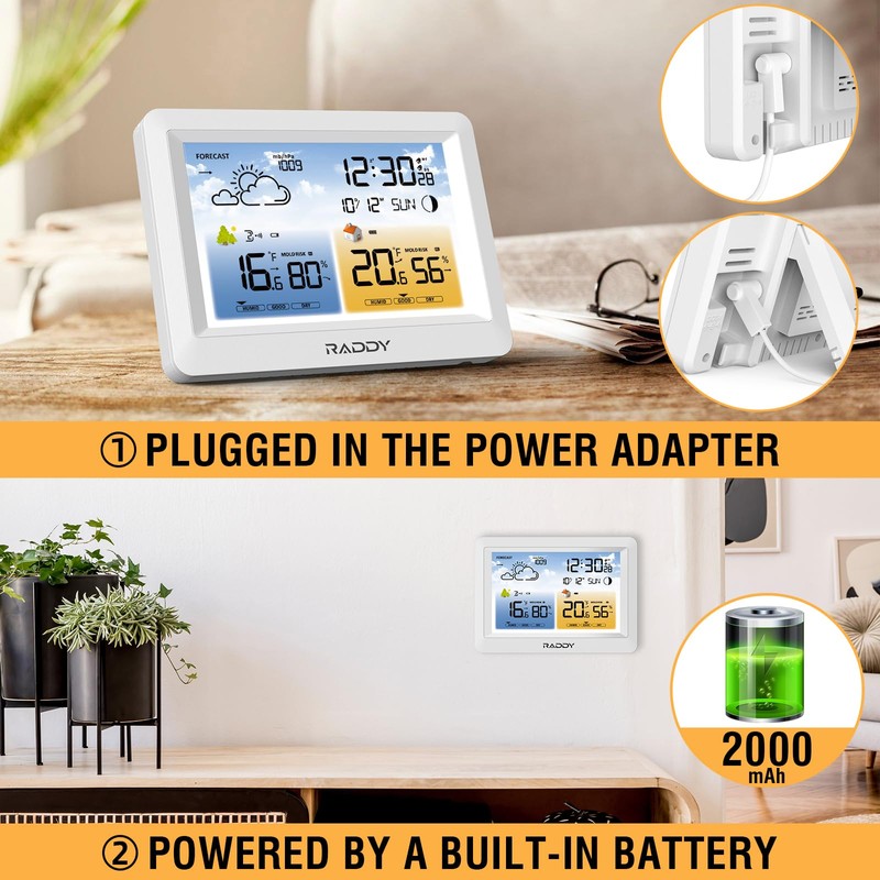Raddy WM6 Weather Station with 2000mAh Rechargeable Battery, Wireless Indoor