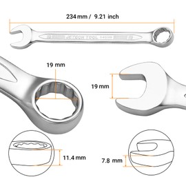 Jetech 19mm Combination Wrench - Industrial Grade Spanners with 12-Point Design, 15-Degree Offset, Made with Durable Chrome Vanadium Steel in Sand Blasted Finish, Forged, Heat-Treated, Metric