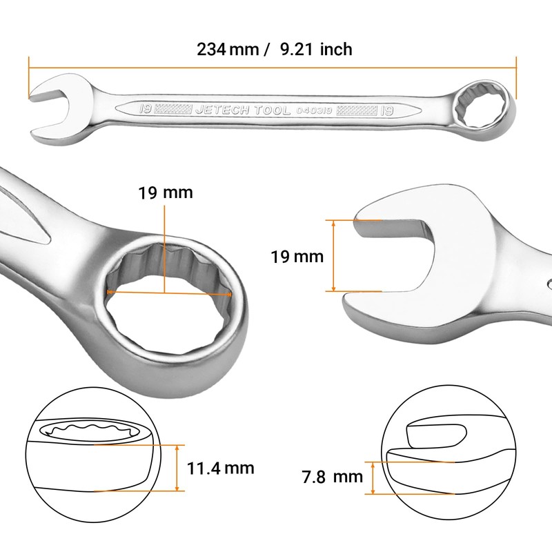 Jetech 19mm Combination Wrench - Industrial Grade Spanners with 12-Point