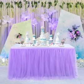 Suppromo Purple Tulle Table Skirt Baby Shower Table Cloth for Rectangle Tables or Round Tables for Girls Mermaid Elephant Butterfly Birthday Party Wedding Home Decoration(L9(ft) H 30in, Purple)