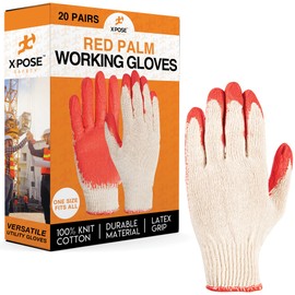 Red Palm Working Gloves - 20 Pairs Latex Rubber Coated Knit with Grip - Durable Safety Gloves for Construction, Electrician - Men’s
