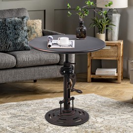 LOKKHAN Vintage Industrial Adjustable Height Crank Table for Home or Café- Round Iron Bistro/Dining/Desk with Mechanical Inspired Hand- Rustic Antique Style