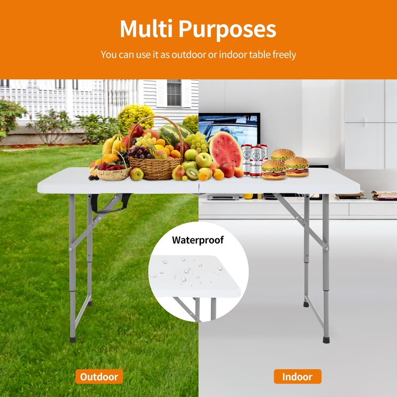 BestOffice Camping Folding 4 Foot Plastic Table, White
