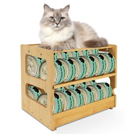 Kusamue 2 Tier Bamboo Stackable Can Storage Rack Can Organizer for Pantry,2 Tier Rolling Bamboo Can Organizers for Fridge, Cabinets, Kitchen, Shelves Pet Food Storage Container,Adjustable Width