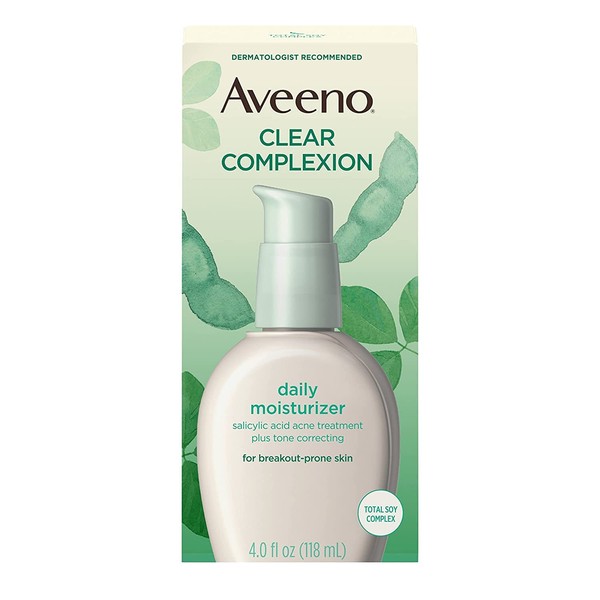 Aveeno Clear Complexion Salicylic Acid Acne-Fighting Daily Face Moisturizer with Total Soy Complex, For Breakout-Prone Skin, Oil-Free and Hypoallergenic, 4 fl. oz