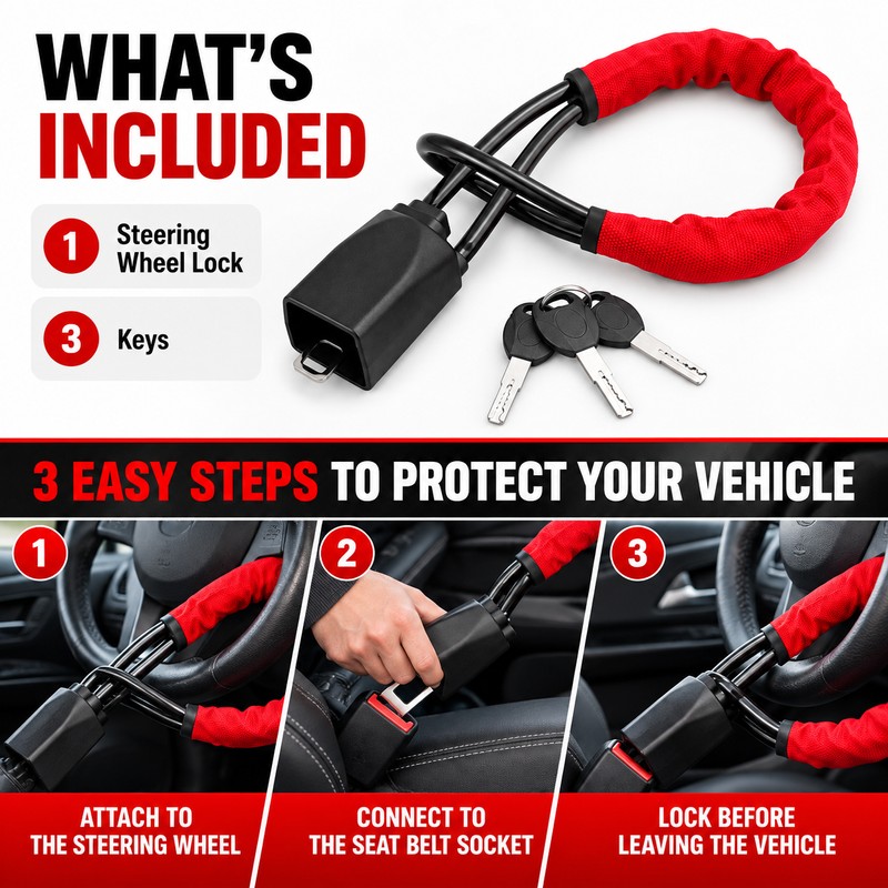 Steering Wheel Lock for Vehicle Security – ABS & Steel