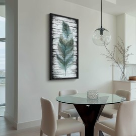 Cuspin Framed Vertical Feather Living Room Wall Art, Large Vintage Black and Teal Canvas Artwork for Walls, Farmhouse Rustic Feather Painting Print for Office Kitchen Foyer Stair Wall Decor, 20x40 Inch