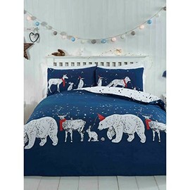 Rapport Home Polar Bear and Friends Single Duvet Cover Christmas Reversible Bedding Set, Cotton, Navy