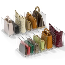 GoMaihe Bag & Purse Organizer for Closet: 4 Sets Adjustable Clear Handbag Storage Shelf - Plastic Clutch Dividers | Minimal | Keep Purses Upright