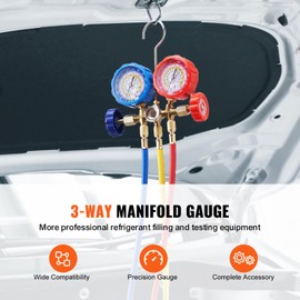Happybuy 3-Way AC Gauge Set for R134A, R22, R12, R502 with 5ft Hoses, Couplers, and Can Tap for Auto Freon Charging and Evacuation