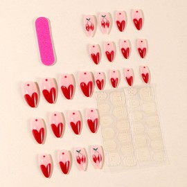 Press on Nails Medium Almond Fake Nails with Heart French Designs Pink Full Cover Nails Press ons Red Cherries Wave Point Artificial Romantic False Nails for Women Girl 24 Pcs