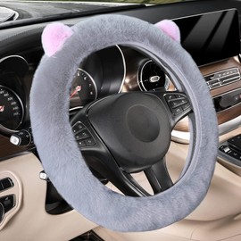 Cartoon Cute Fluffy Steering Wheel Cover for Women Girls,JXJKMMN Furry Ear Steering Wheel Cover Winter Warm Fuzzy Car Steering Wheel Cover Lovely Car Inside Decoration (Grey)