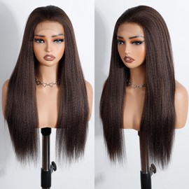 Style Icon Yaki Straight Lace Front Wig 24 Inches Dark Brown 13x4 Lace YAKI Straight Synthetic Hair Wig Free Part Wig For Women Heat Resistant Fiber (Color: 6)