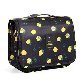 Toiletry Bag, Waterproof Hanging Cosmetic Bag Portable Travel Makeup Pouch Multifunction Handle Travel Toiletry Bag Organizer with Hook for Women Girls (Navy Blue Lemon)