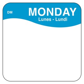 DayMark Safety Systems DissolveMark IT113333 Day of The Week, Trilingual Dissolvable Label, Monday, 2" x 2", Blue (Roll of 250)