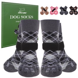 EXPAWLORER Dog Socks to Prevent Licking Paws,4 Pcs Double Sided Anti Slip Dog Socks with Grippers for Hardwood Floors,Dog Shoes Booties for Small Medium Large Senior Dogs,British Style,Black L