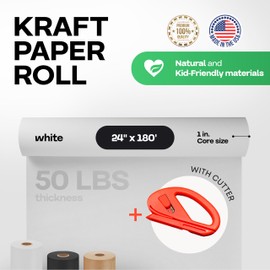 IDL Packaging White Kraft Paper Roll 24" x 2160" (180 feet) with Cutter - Quality White Paper Roll 50lb Thickness for Packing, Moving, Shipping & Crafts/Arts - Natural Wrapping Craft Paper