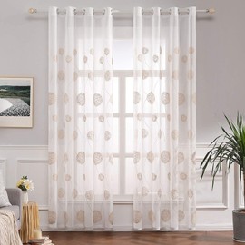 MIULEE Sheer voile floral embroidery curtains with eyelets, transparent curtain, 2 pieces, eyelet curtain, gauze, pair scarves, window curtain for living room, bedroom, set of 2