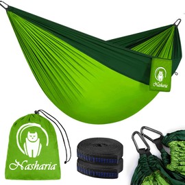 Nasharia travel camping hammock, (275 x 140 cm) breathable, quick-drying parachute nylon, 2 x premium carabiners, 2 x nylon loops included, for outdoors, indoors, gardens
