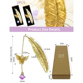 2 PCS Metal Feather Bookmarks for Birthday Gifts, Exquisite Bookmark with 3D Butterfly and Glass Bead Pendant, Uniquely Book Marker for Book Lover Student Readers, Appreciation Gifts for Teachers (GL)
