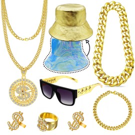 Laser Texture Retro 80s 90s Hip Hop Costume Kit 8 Pieces Faux Gold Chains Dollar Rings necklace Old School Rapper Sunglasses Reversible Bucket Hat Cosplay Party Bar Vintage Accessories Bundle for Men Women