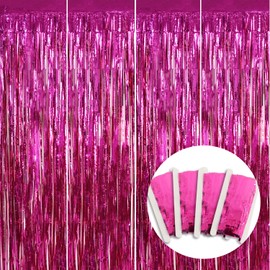 BEISHIDA 4 Pcs Hot Pink Rosered Door Streamers Curtain Party Streamers Backdrop Fringe Foil Wall Background for Party Decoration Photo Booth Props(3.28 ft x 6.56 ft)