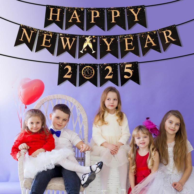 Glitter New Year Banner 2025, Black Golden Happy New Year