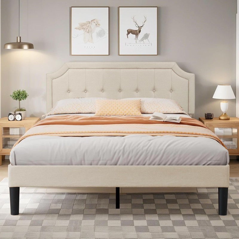 VECELO Queen Upholstered Platform Bed Frame with Adjustable Button Stitched