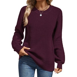 Zeagoo Womens 2025 Fall Sweaters Lightweight Long Sleeve Ribbed Knit Crewneck Pullover Tops Crochet Casual Outfits Dark red Small
