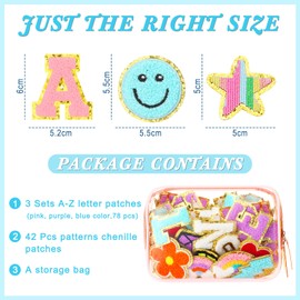 Yilloog 120 Pcs Chenille Letter Patches Iron on Patches Embroidered Stickers Include 78 Letters Patches 42 Stars and Flower Heart for Hat Jacket Clothing Jeans DIY School(White, Light Pink, Aqua Blue)