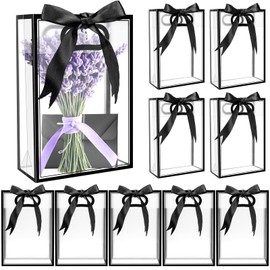 BadenBach 10 PCS Clear Gift Bags with Handles,7.1"x10.2"x3.2", Reusable Plastic Clear Party Favor Bags with Ribbon Transparent Plastic Gift Bags for Bridal Wedding Birthday Mother's Day,Black