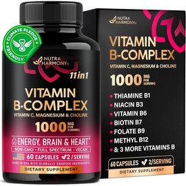 NUTRAHARMONY Vitamin B Complex Capsules - 11-in-1 B-Complex: B1, B2, B3, B5, B6, B7, B8, B9, B12 with Vitamin C, Choline, Inositol - Made in USA - Vegan, Non-GMO - Size: 60 Capsules