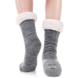 Geyoga Slipper Socks Cute Warm Cosy Fluffy Socks Thick Cozy Socks Ladies Bed Socks Cabin Warm Socks Soft Fleece Comfy Plush Funny Stocking for Women and Girls (Cat)