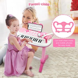 Kids Piano Toy Keyboard with Bench - Rose Pink 31 Keys Portable Electronic Multi-Functional Music Instrument with Microphone and Chair 3 4 5 Years Girls Birthday Gift