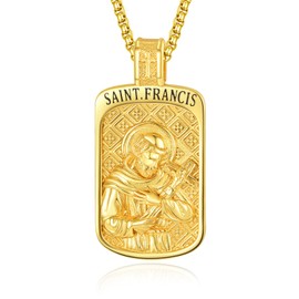 KINGWHYTE Saint Francis Necklace 925 Sterling Sliver Catholic Jewelry Amulet Jewelry Religious Gifts Jesus Pendant for Men with Stainless Steel Pearl Chain 22+2inch((Plated Gold)