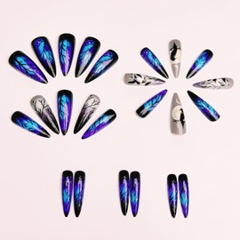 LOPMNGHT Almond Tip Press on Nails Long Length Black Forest Crow Pattern Design Full Cover Glossy Artificial Fake Nail Purple Smudge French Tip Press Ons Stick on Nail 24Pcs Glue on Nails for Women