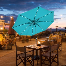 HAPPYGRILL 10 FT Patio Umbrella with Lights Outdoor Solar Powered Sun Umbrella with Tilt Crank Umbrella for Garden Poolside Backyard Beach (Turquoise)