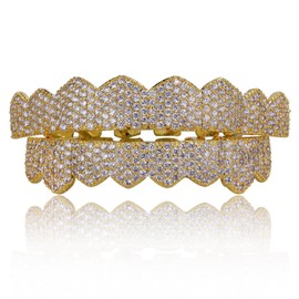 JINAO Gold Grillz for Men 18K Gold Plated 8 Top 8 Bottom Teeth Hip Hop Mouth Grills for Your Teeth Iced Out Simulated Diamond Grillz for Men Women (GOLD ICED OUT CZ)
