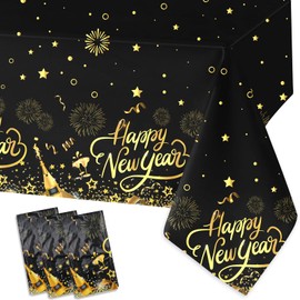 HOWAF 3 Pack New Year Party Decoration Table Cover, Black and Gold New Year Tablecloth for New Year Eve's Party Supplies, Plastic Tablecloths Gold Star Fireworks Pattern for 2025 New Year Favors