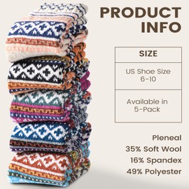 Nimalpal Women's Wool Socks - 5 Pairs, Cruciate Flower, Crew, Warm, Cozy, Hiking, Soft, Breathable, Nordic Design, Size 6-10