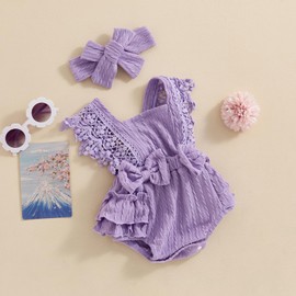 Ursobutegl Newborn Baby Girl Lace Romper Ruffle Sleeveless Backless Onesie Jumpsuit Bodysuit with Headband Summer Clothes (Purple Bow, 12-18 Months)