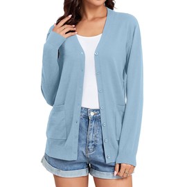 TASAMO Women's Cardigan Sweater Fall Fashion V-Neck Button Cardigan Casual Fashion Top with Pockets (Small,Sky Blue)